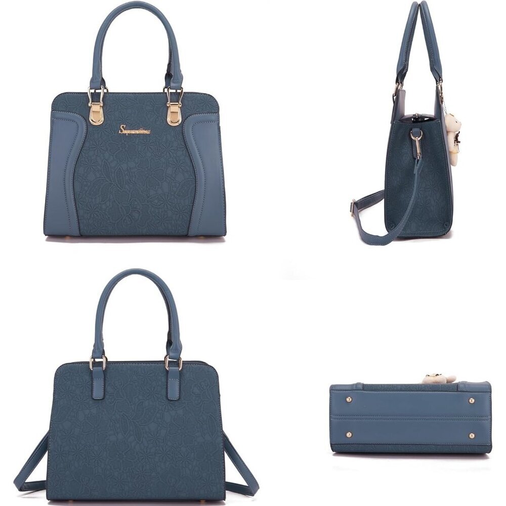 Women's Dark Blue Faux Leather Top Handle High Quality Smooth Zippers Tote Bag - Picture 4 of 7